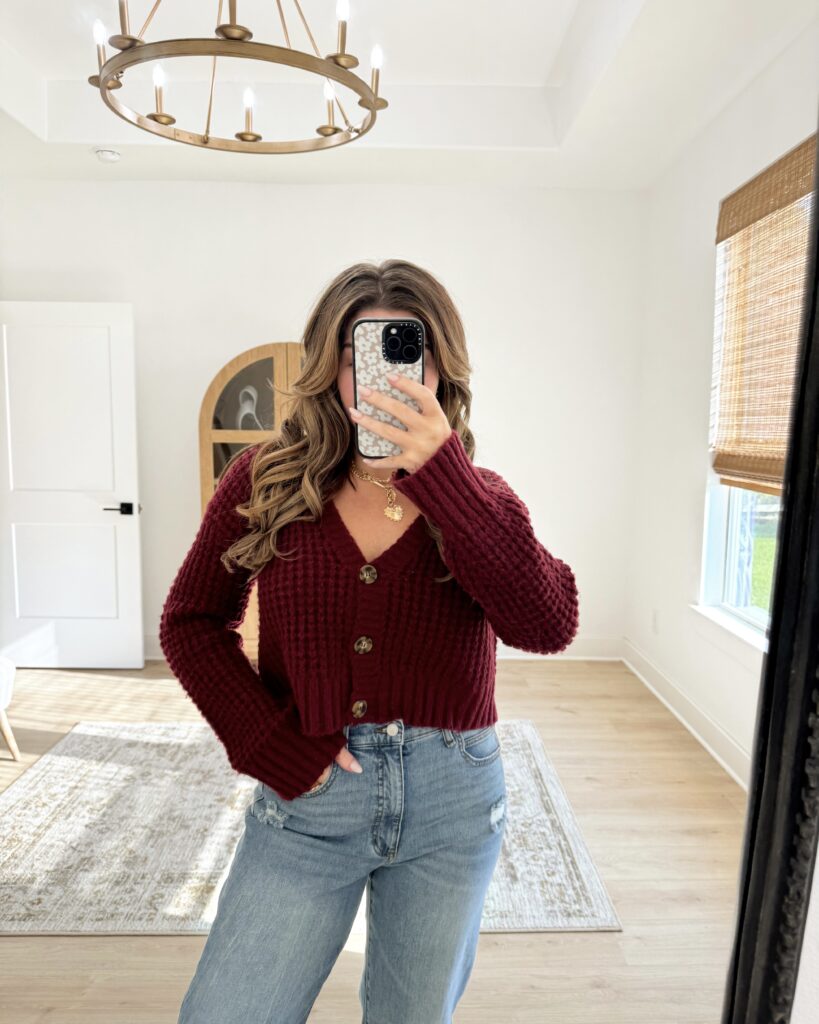 burgundy cardigan